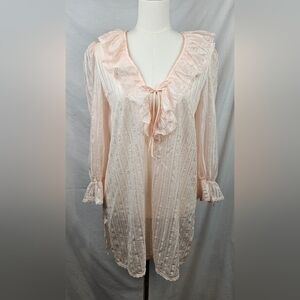 Vintage‎ Dixie Bell Pink Nylon Blouse Sm Ruffle Coquette Feminine Grandma Fairy